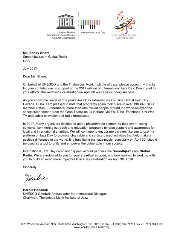 UNESCO International Jazz Day Letter